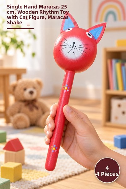 Yenilig 4 Pieces Wooden Cat Maracas – Single Hand Maracas 25 Cm, Wooden Rhyth...