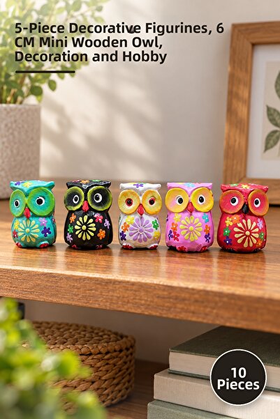 Yenilig 10 Piece Wooden Owl Set – 5 Decorative Figures, 6 cm Mini Wooden Owls...