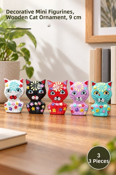 Yenilig 3 Piece Wooden Cat Figure Set – Decorative Mini Figures, Wooden Cat O...