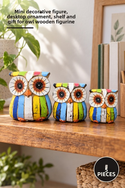 Yenilig 5 Piece Wooden Owl Set – Mini Decorative Figure, Desktop Ornament, Ow...