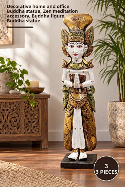 Yenilig 3 Pieces Wooden Buddha Figure 70 cm – Decorative Home and Office Stat...