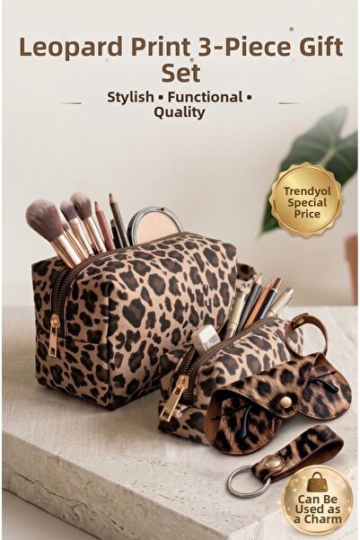 RONYA LEATHER Leopard Patterned 3-Piece Gift Set - Makeup Bag, Leather Glasses Case & Keychain / Bag Charm