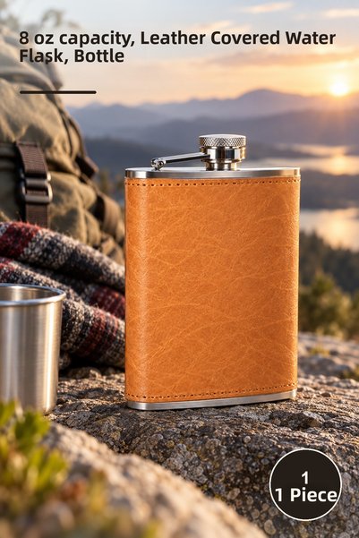Yenilig 1 Piece Leather-Clad Stainless Steel Flask – 8 oz Capacity, Leather-C...