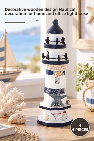 Yenilig 4 Pieces Wooden Marine Lighthouse – Decorative Wooden Design Nautical...