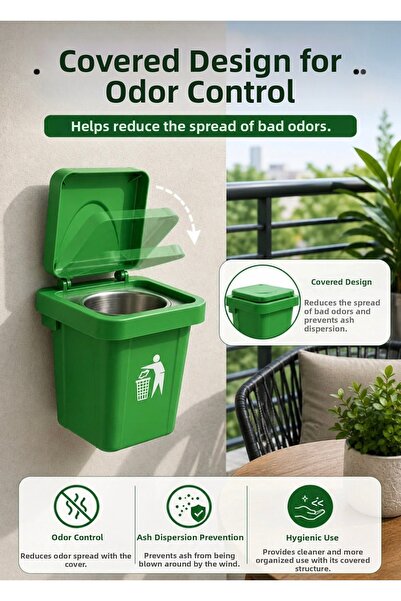 Hombak Green Wall-Mounted Ashtray – Self-Adhesive Lid Ashtray with Stainless ...