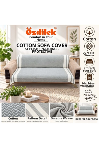 Özdilek Cotton Non-Slip Zigzag Sofa Cover (3+3) - Khaki Green
