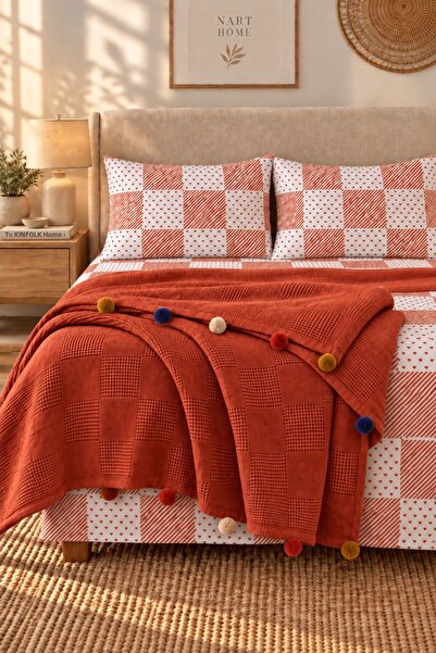 Nart Home 100% Cotton Double Pompom Pique Set Tile (Pique + Sheet + Pillowcase)
