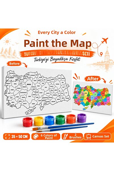 TOTTERİQ Gez Boya Turkey Map Canvas Painting Set 35X50 cm 6 Colors Paints and 2 Brushes