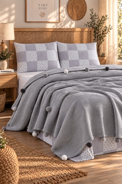 Nart Home 100% Βαμβακερό Σετ Πικέ Διπλό με Πομπόν Γκρι (Πικέ + Σεντόνι + Μαξι...