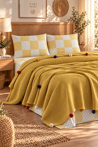 Nart Home 100% Βαμβακερό Σετ Πικέ Διπλό με Πομπόν Μουσταρδί (Πικέ + Σεντόνι +...