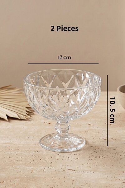 RUBİ PORSELEN 2-Piece Footed Glass Ice Cream Dessert Bowl 12 cm Snack Bowl Candy Bowl Serving Bowl Set