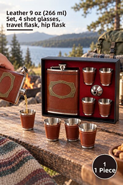 Yenilig 1 piece flask - leathered 9 oz (266 ml) set, 4 shot glasses, travel f...