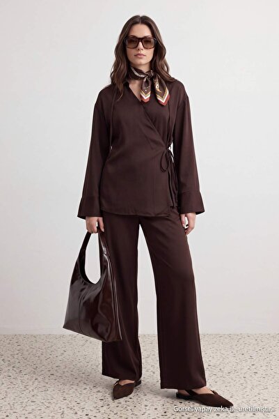 Trendyol Modest Dark Brown Double-Breasted Blouse Trousers Woven Bottom - Top...