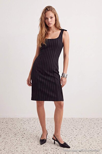Trendyol Collection Black Bow Detail Striped A-Line/ Bell Form Short / Mini W...