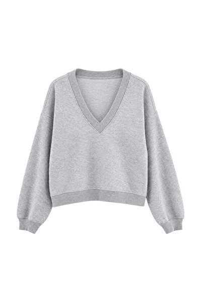 Trendyol Collection Gray Melange V-Neck Extra Oversize/Wide Cut Low Sleeve Th...