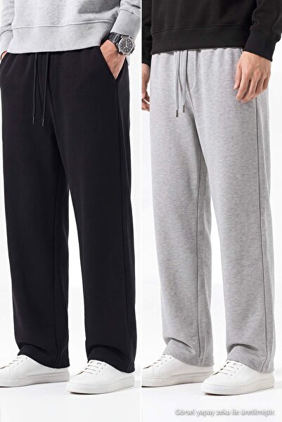 Trendyol Collection Black-Grey 2-Pack Straight Cut Open Leg 2 Thread Sweatpan...