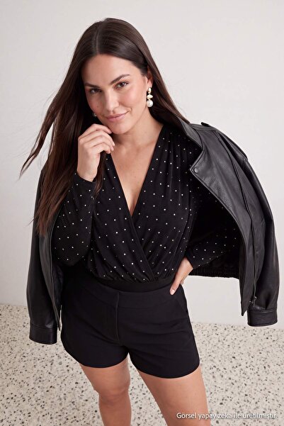 Trendyol Curve Black Stone Padded Party/Classy Knitted Snap Fastener Bodysuit...