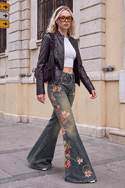 Trendyol Collection Blue High Waist Extra Wide Leg Floral Embroidery Embellis...