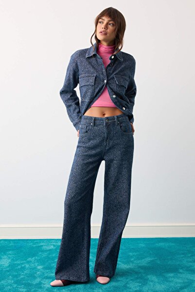 Trendyol Collection Blue Medium Stretch Textured High Waist Wide Leg Jeans Tw...