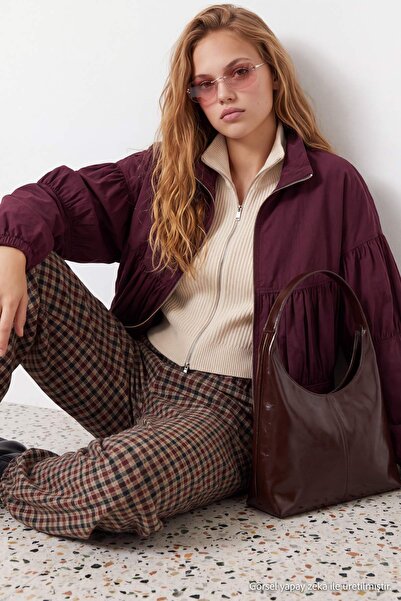 Trendyol Collection Plum Oversize Patterned Drawstring Detailed Plus Size Jac...