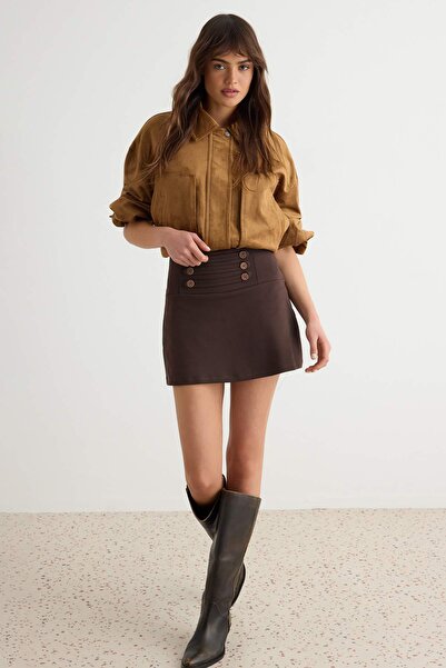 Trendyol Collection Brown Button Detailed Mini Length Knitted Shorts with Inn...