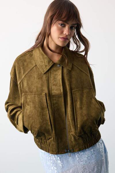 Trendyol Collection Khaki Oversize Collared Bomber Suede Jacket Coat Twoaw27M...