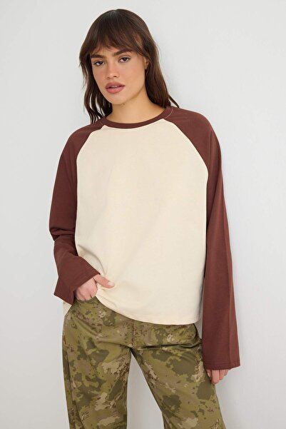 Trendyol Collection Mink Brown 100% Cotton Color Blocked Oversize Baseball Ra...