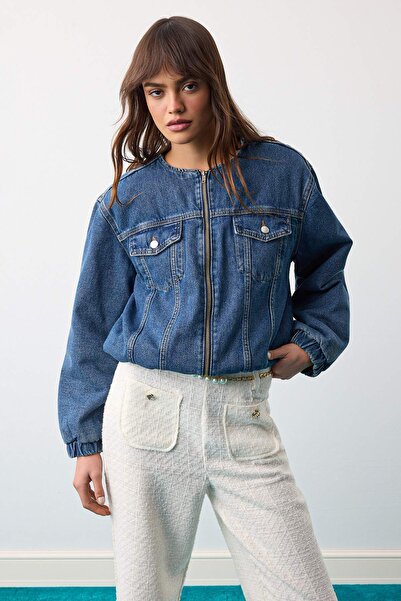 Trendyol Collection Blue Crew Neck Lined Denim Jacket Twoaw27Ce00052