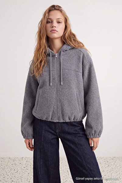 Trendyol Collection Gray Oversize Fit Hooded Cashmere Jacket Coat Twoaw27Mo00087