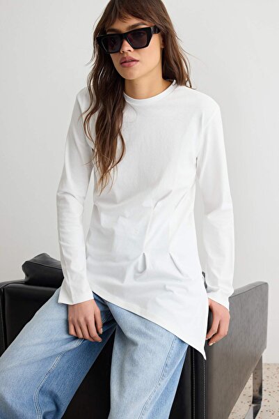 Trendyol Collection Ecru 100% Cotton Crew Neck Asymmetrical Knitted T-Shirt T...