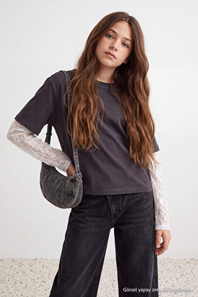 TRENDYOLKIDS Anthrazitfarbenes, 100 % Baumwolle besticktes, mit Spitze verzie...