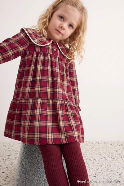 TRENDYOLKIDS Burgundy Maxi Plaid / Checkered Knitted Dress Tkdaw27El00022
