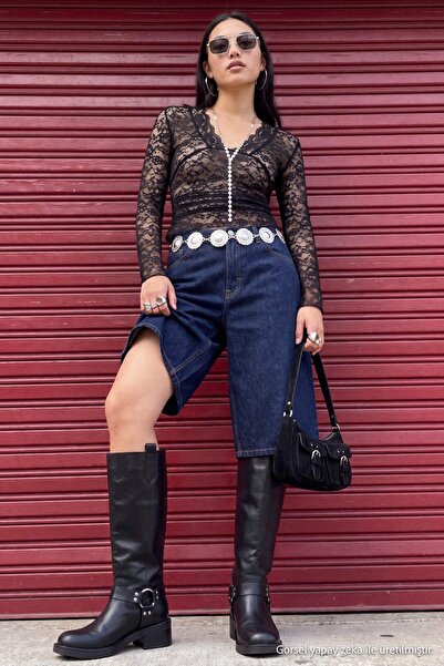 TRENDYOL SHOES Black Buckle Detailed Women's Square Toe Biker Boots Takaw27Cz...