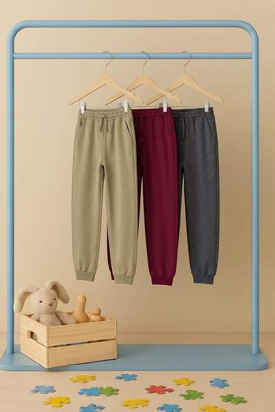 TRENDYOLKIDS Khaki-Burgundy-Anthracite 3-Piece Elastic Waist Jogger Knitted B...