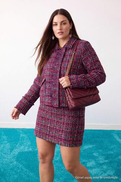 Trendyol Curve Multi Color Tweed Short Woven Large Size Skirt Tbbaw27Ap00005