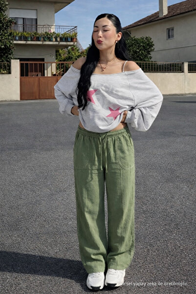 DAMGA JEANS Women's Elastic Waist Wide Leg Green Linen Trousers