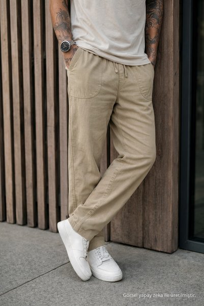 DAMGA JEANS Erkek Premium Jogger Relax Fit Bej Keten Pantolon