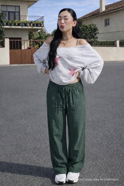 DAMGA JEANS Γυναικείο λινό παντελόνι με ελαστική μέση και φαρδιά μπατζάκια σε...