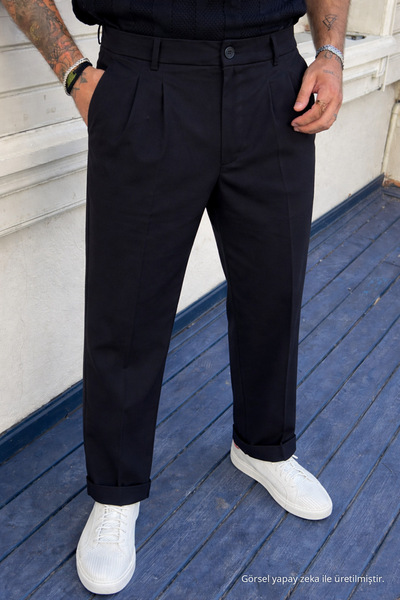 DAMGA JEANS Men's High Waist Regular Fit Black Fabric Trousers