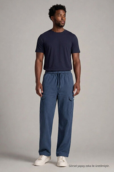DAMGA JEANS Erkek Klasik Mavi Kargo Keten Pantolon