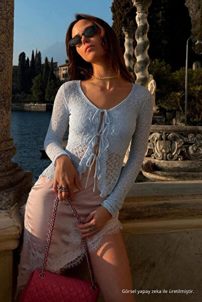 DAMGA JEANS Women's Lace-Up Comfort Blue Corset Blouse