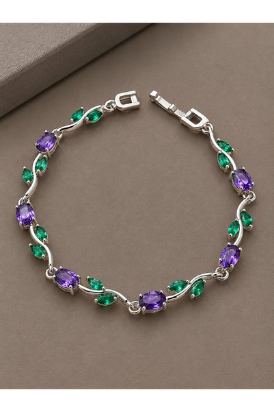 serelya Purple Zircon Stone Flower Model Silver Brass Women's Bracelet