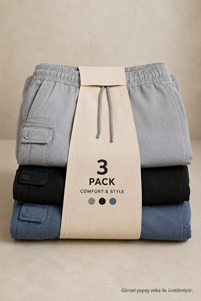 DAMGA JEANS Erkek Kargo Cepli 3 Lü Bol Keten Pantolon