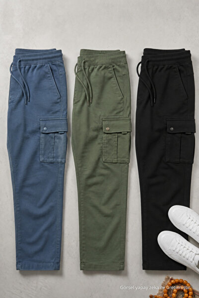 DAMGA JEANS Erkek Beli Lastikli 3 Lü Kargo Keten Pantolon