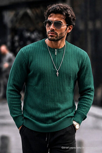 DAMGA JEANS سترة تريكو خضراء مخططة عادية للرجال
