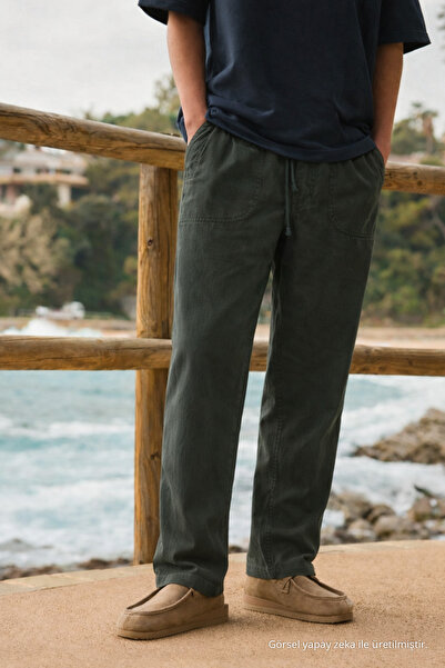 DAMGA JEANS Muške opuštene letnje široke tamne haki lanene hlače