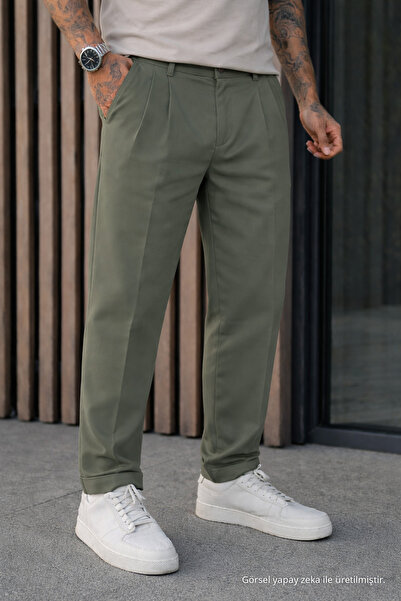 DAMGA JEANS Men's Relax Fit High Waist Pleated Khaki Fabric Trousers