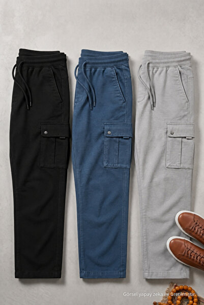 DAMGA JEANS Ανδρικό λινό παντελόνι Cargo με ελαστική μέση, 3 τεμάχια
