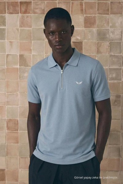 DAMGA JEANS Ανδρικό κλασικό μπλουζάκι με φερμουάρ και γιακά πόλο σε μπλε χρώμα