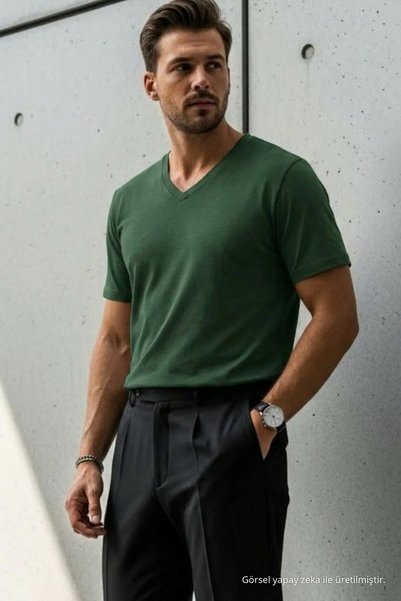 DAMGA JEANS Ανδρικό μπλουζάκι Relaxed Fit Khaki με φαρδιά λαιμόκοψη V